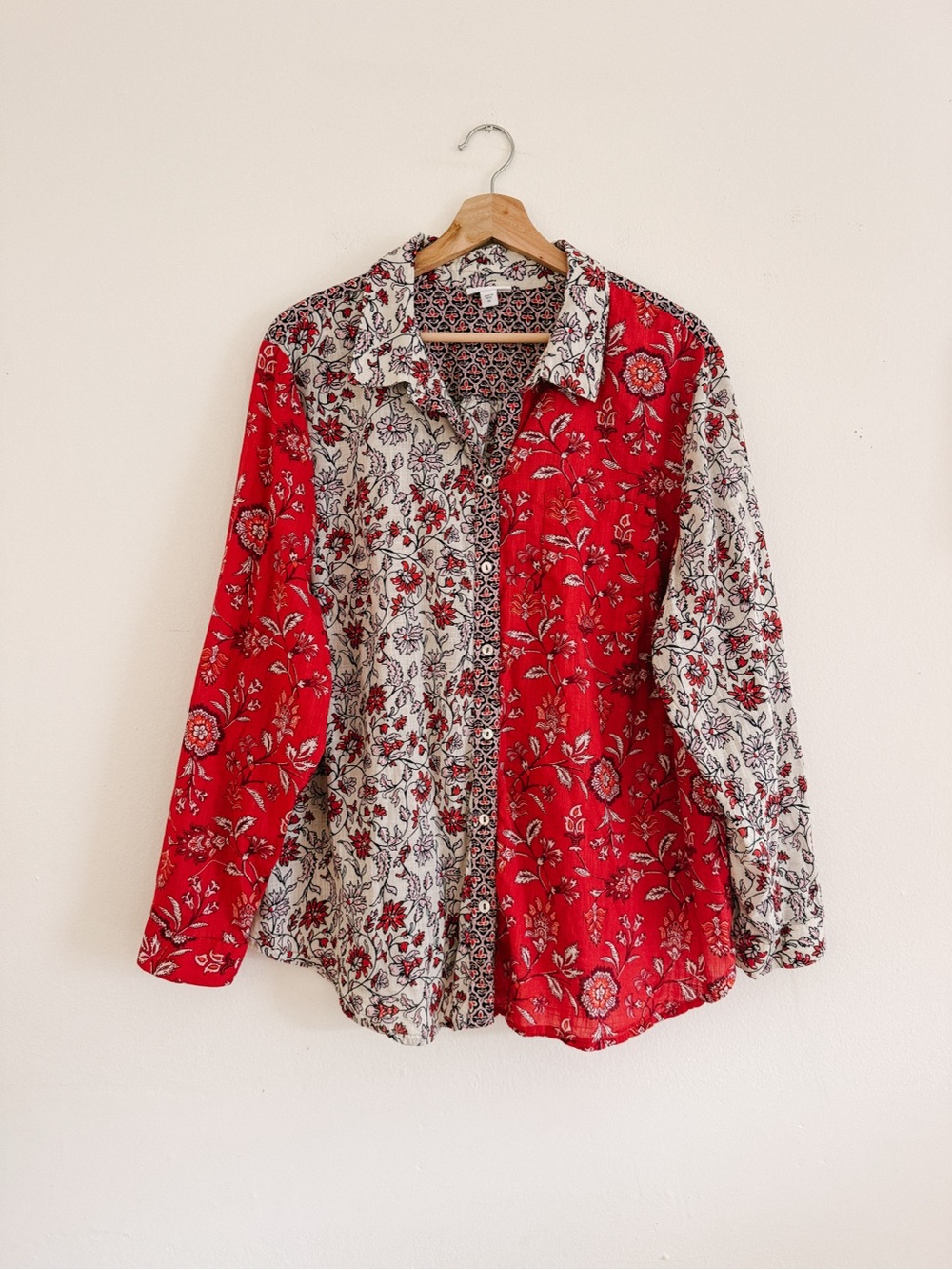 J Jill Red Block Print Patterned Button Down